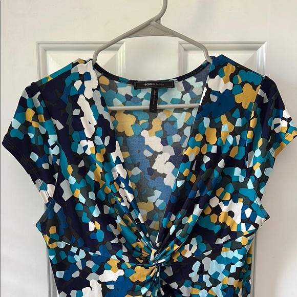 BCBGMaxAzria Blue and Yellow Flutter Sleeve Laila Dress size M - Picture 6 of 8